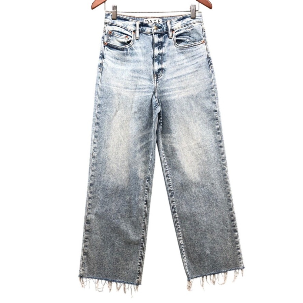 DAZE Jeans Womens 27 4 Light Blue Hug High Rise Raw Hem Straight Leg Sustainable